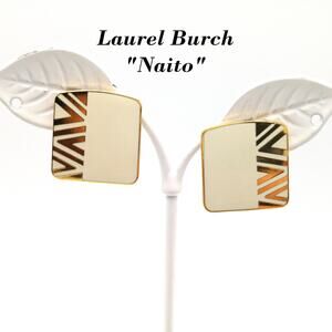 Vintage Laurel Burch "Naito" Geometric Post Earrings, Cream Enamel, Gold Plate